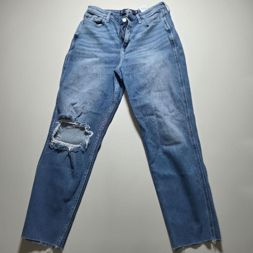 Hollister Jeans Juniors W28 L25 Blue Ultra High Rise Mom Distressed Knee Rip Hem